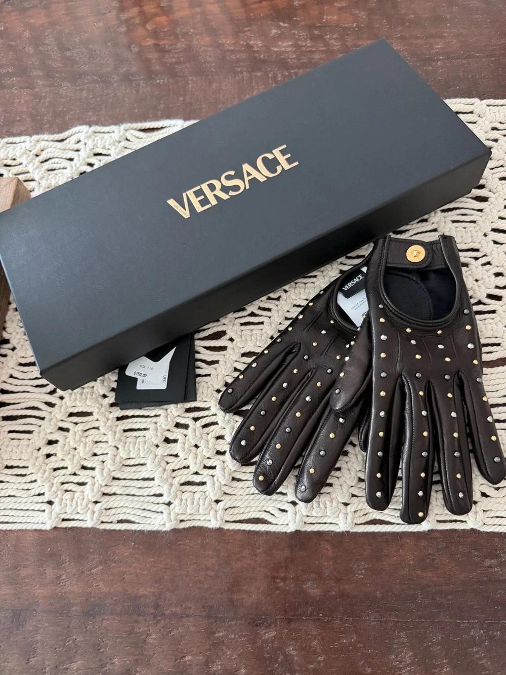 Versace Studded Lambskin Leather Gloves - Black - Size 7 1/2 - New With Tags